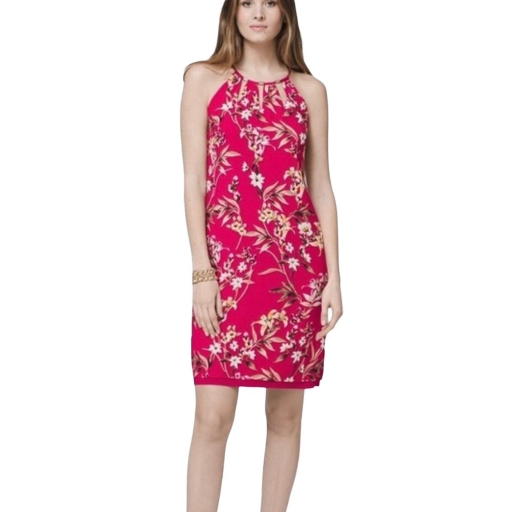 White House Black Market Magenta Floral Halter Cutout Shift Dress Womens Size M